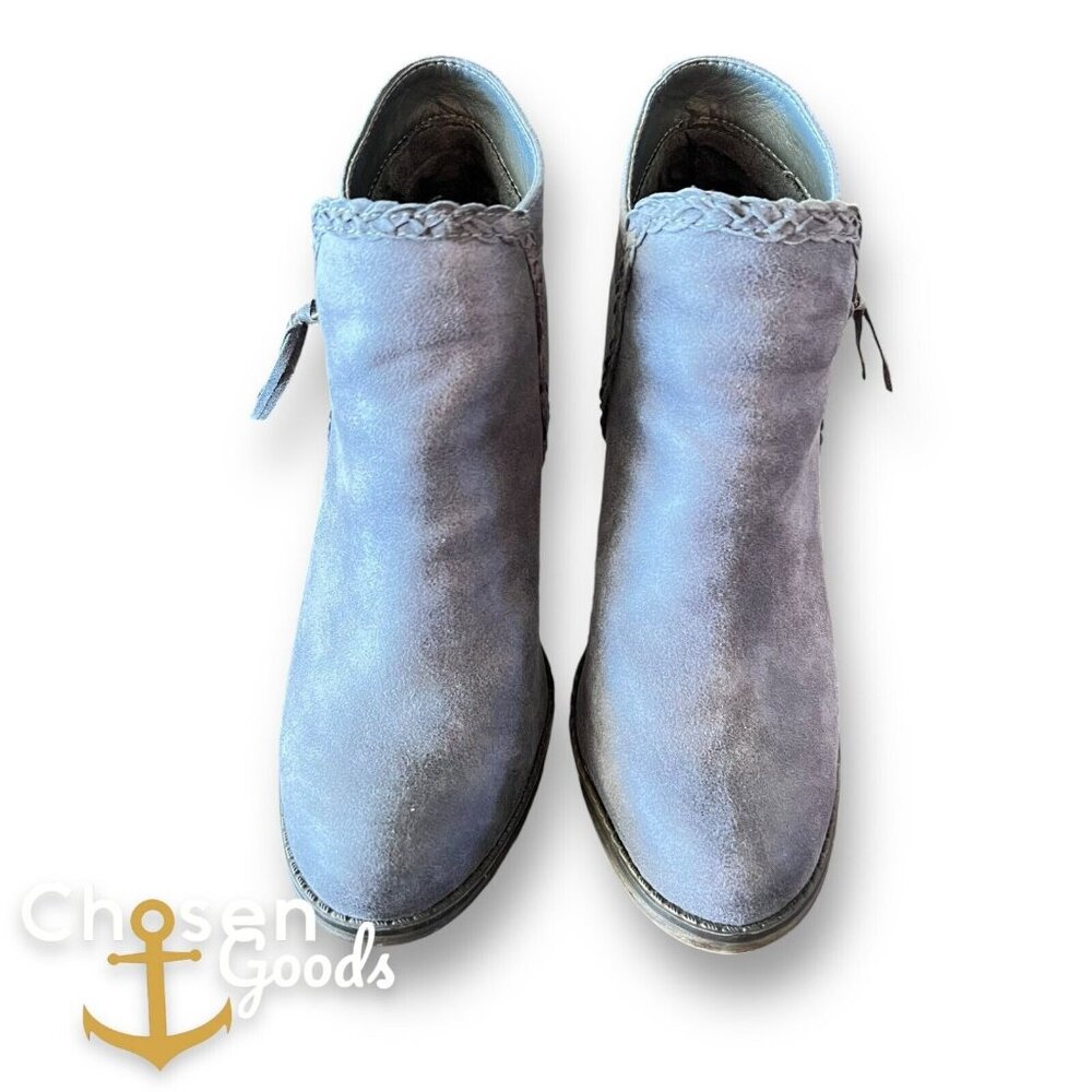 Mia Avery Braided Booties Navy 7.5 Heeled Faux Leather Boots Zipper Sides EUC